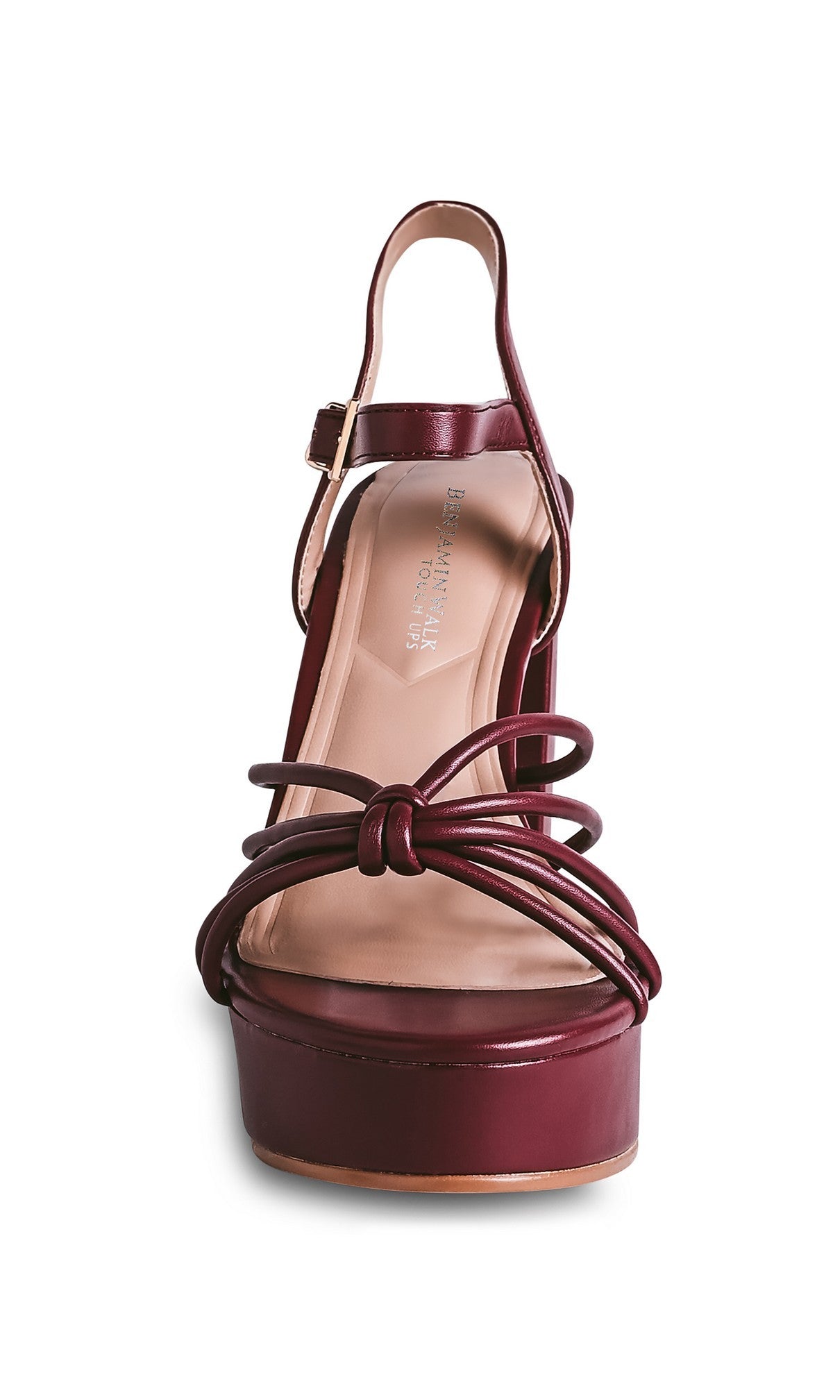 Front view of Tiara Dark Red Prom Shoes: Touch Ups 4762 featuring a strappy high heel design, ankle strap, tan insole, and a decorative bow on the toe strap.